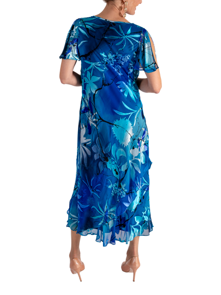 chesca Tropical Leaf Cowl Neck Dress, Marina/Cobalt - view 2, Marina/Cobalt