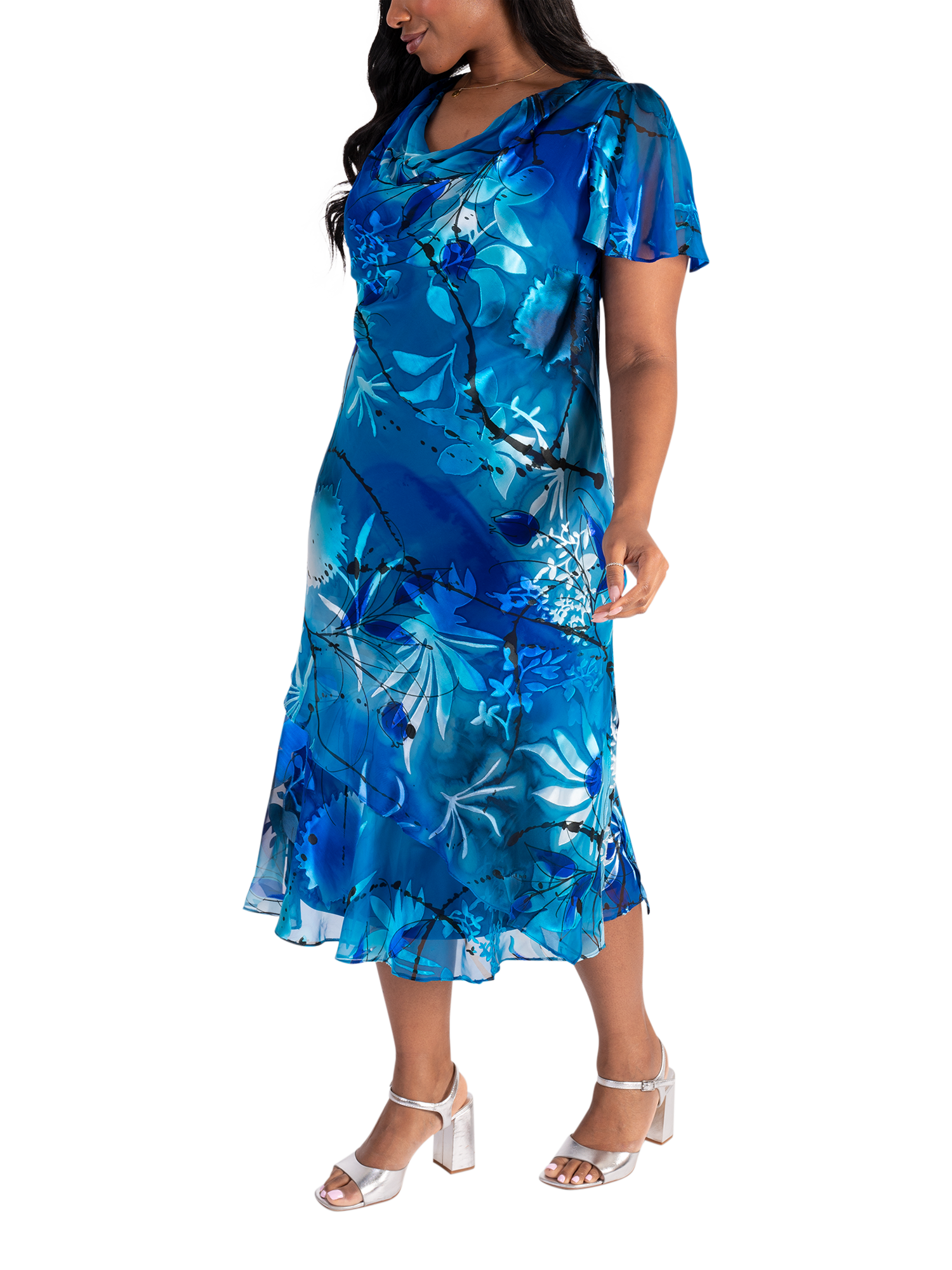 Product image 3 of 6, which shows chesca Tropical Leaf Cowl Neck Dress, Marina/Cobalt, 12-14