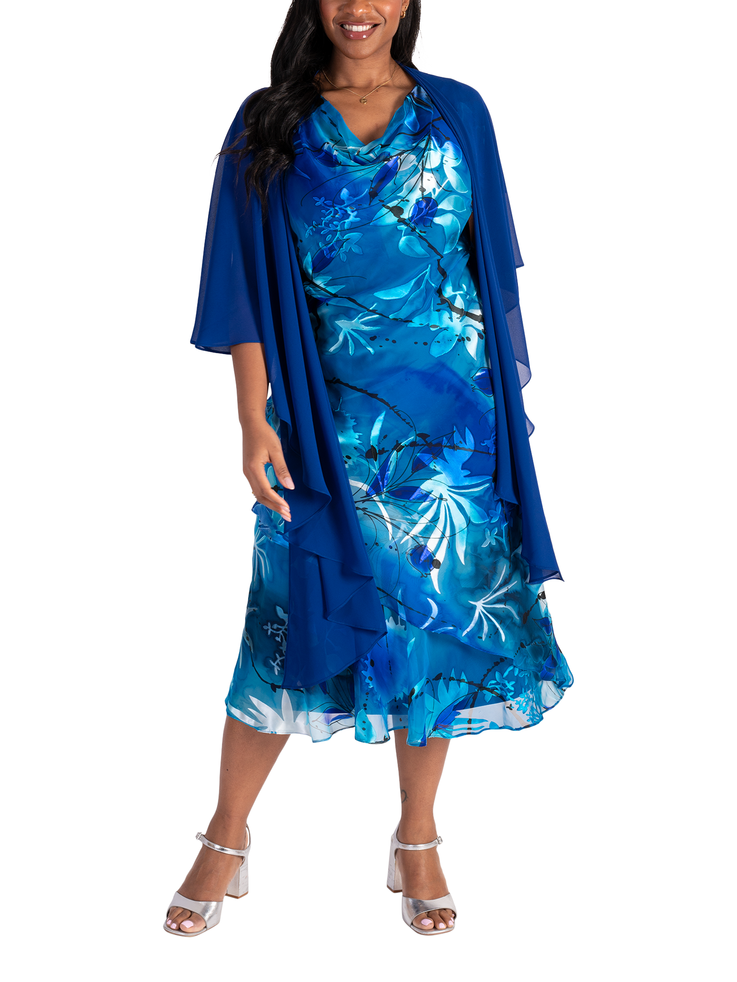 Product image 5 of 6, which shows chesca Tropical Leaf Cowl Neck Dress, Marina/Cobalt, 12-14