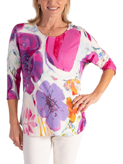 chesca Spring Flowers Curved Hem Top, White/Multi, White/Multi