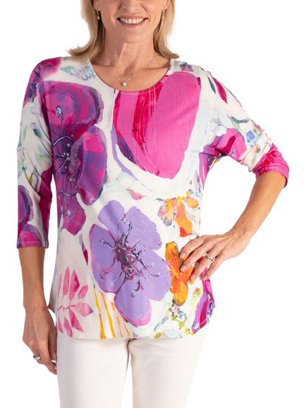 chesca Spring Flowers Curved Hem Top, White/Multi, White/Multi