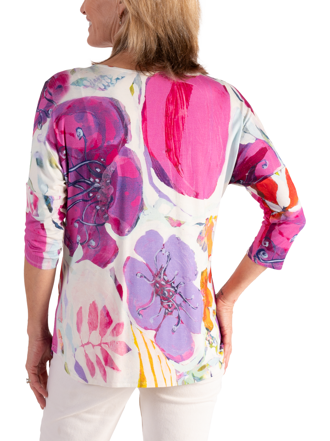 Product image 2 of 6, which shows chesca Spring Flowers Curved Hem Top, White/Multi, 10-12