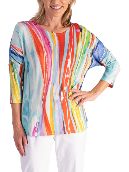 chesca Artistic Stripe Batwing Top, Multi/White, Multi/White