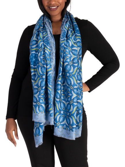 chesca Floral Mosaic Scarf, Blue - view 2, Blue