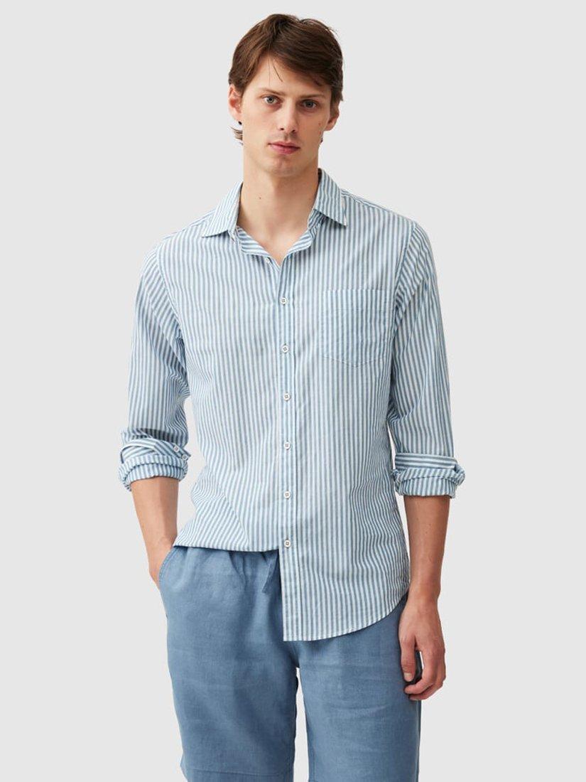 Product image 1 of 5, which shows Rodd & Gunn Ferry Landing Stripe Soft Cotton Slim Fit Long Sleeve Shirt, Teal, XS
