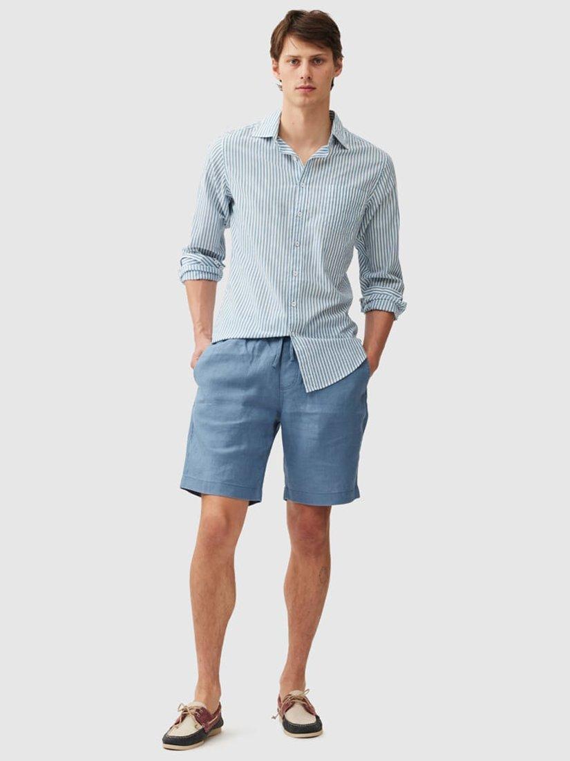 Product image 2 of 5, which shows Rodd & Gunn Ferry Landing Stripe Soft Cotton Slim Fit Long Sleeve Shirt, Teal, XS