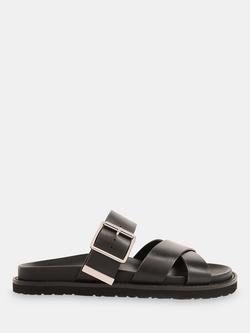 Whistles Celestine Leather Buckle Detail Sliders, Black, Black