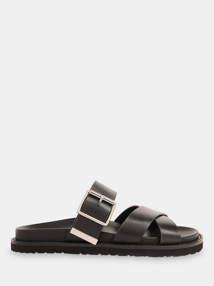 Whistles Celestine Leather Buckle Detail Sliders, Black, Black