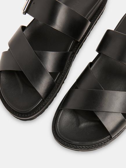 Whistles Celestine Leather Buckle Detail Sliders, Black - view 2, Black