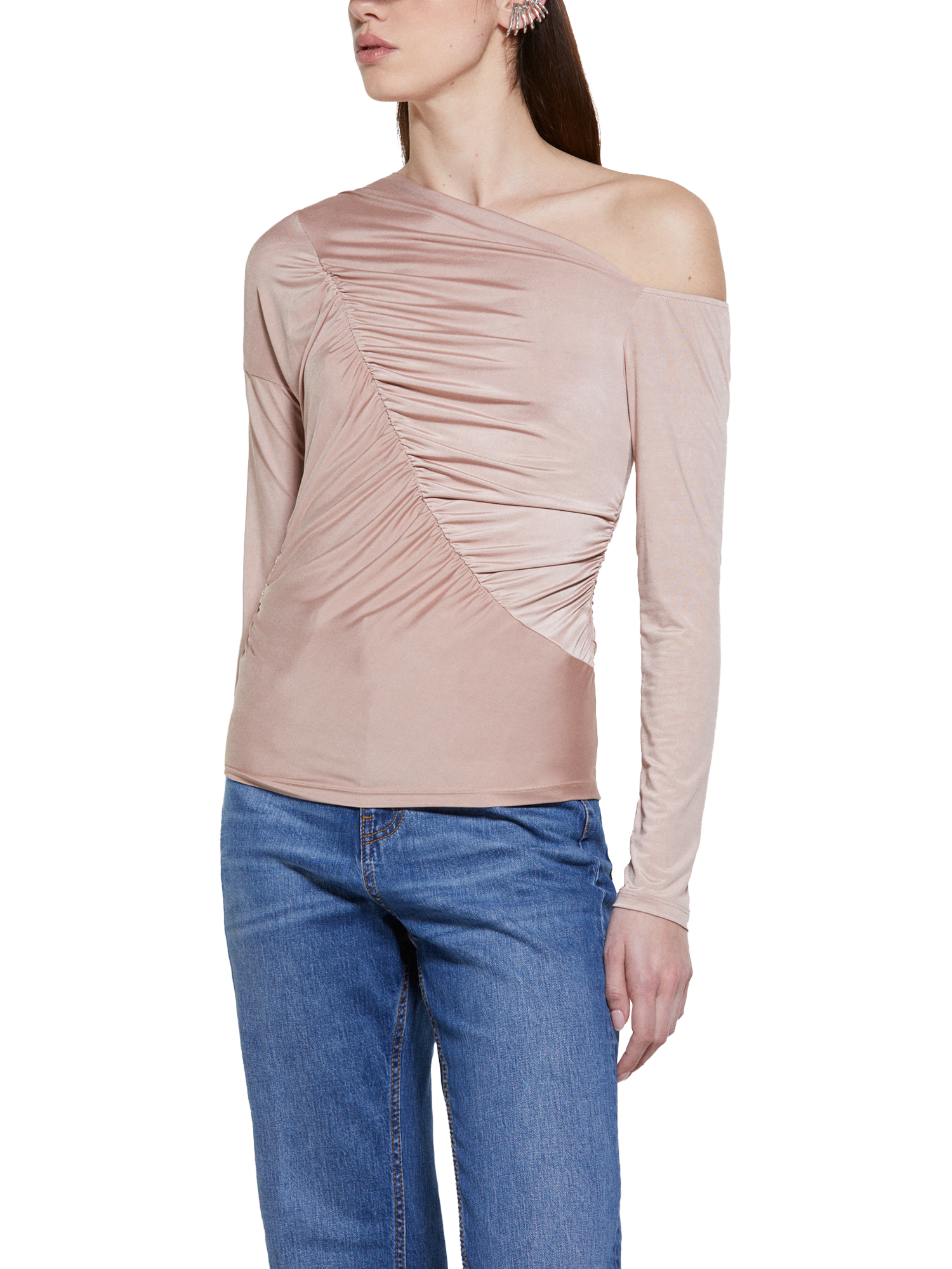 Product image 1 of 5, which shows SISLEY Asymmetric Ruched Top, Brown, XS