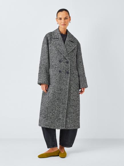 AND/OR Textured Herringbone Double Breasted Coat, Black