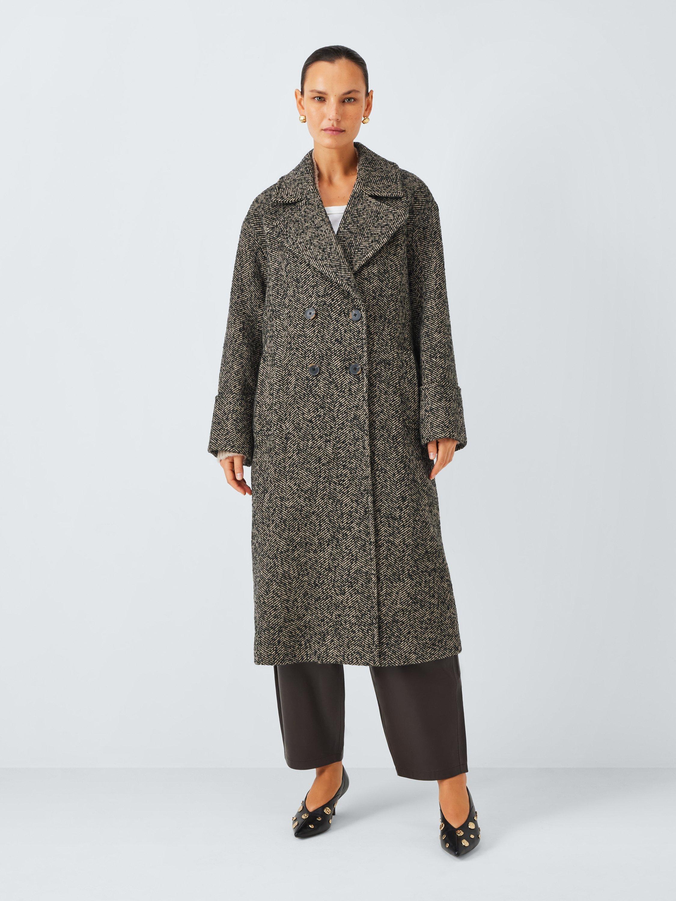 Product image 1 of 6, which shows AND/OR Textured Herringbone Double Breasted Coat, Brown, 8