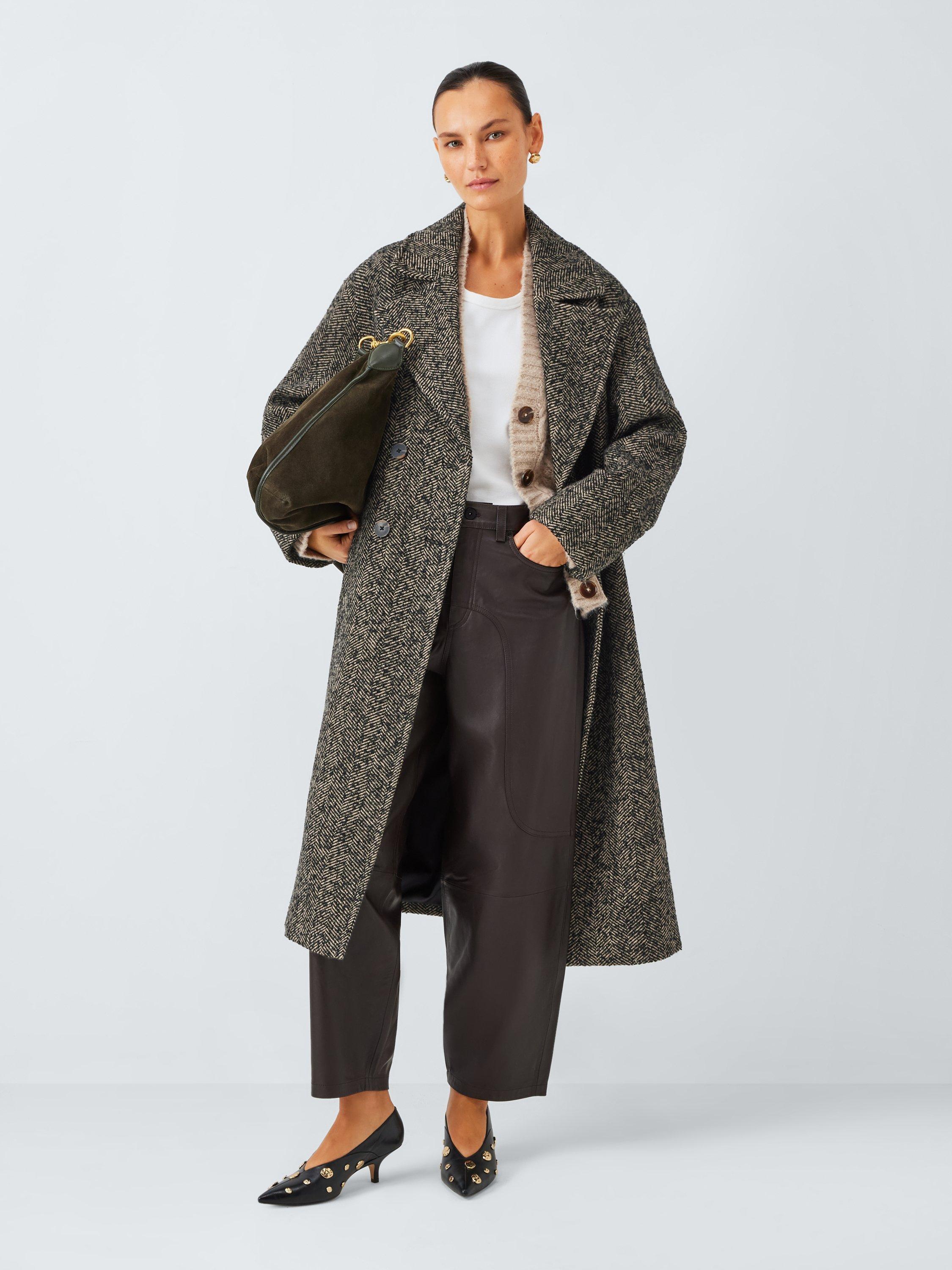 Product image 3 of 6, which shows AND/OR Textured Herringbone Double Breasted Coat, Brown, 8