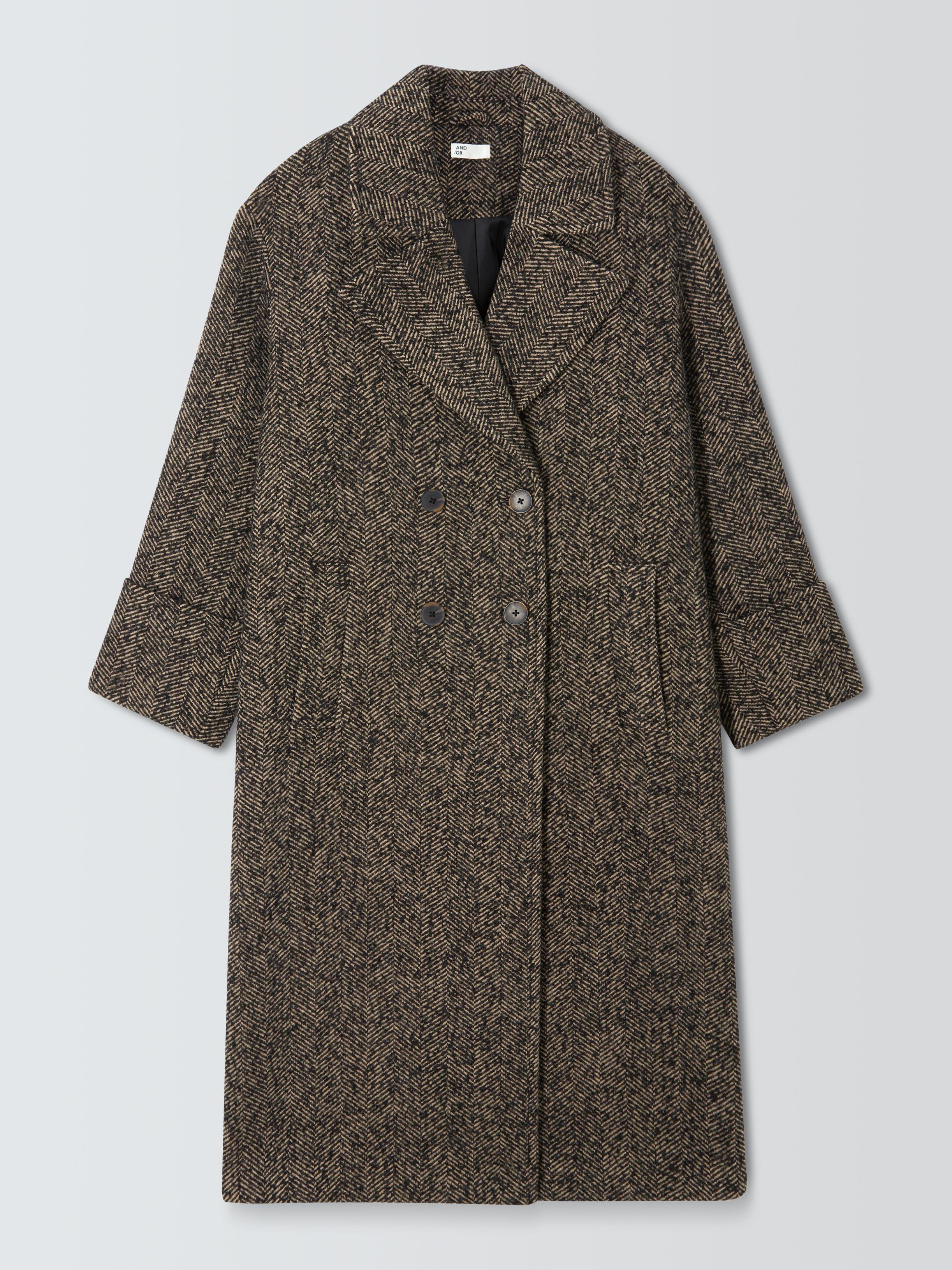 Product image 4 of 6, which shows AND/OR Textured Herringbone Double Breasted Coat, Brown, 8