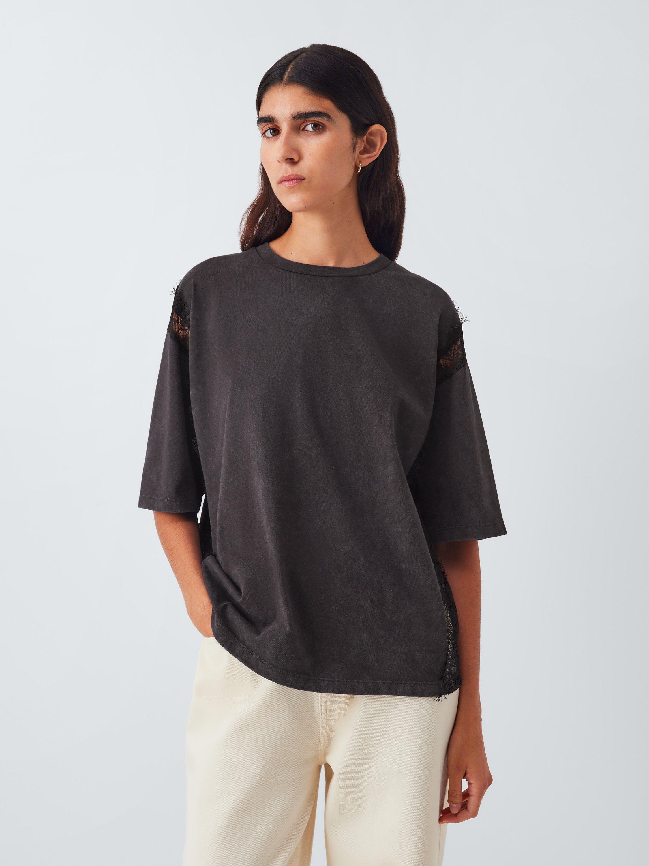 Product image 5 of 6, which shows AND/OR Crew Neck Lace Trim T-Shirt, Grey, 6