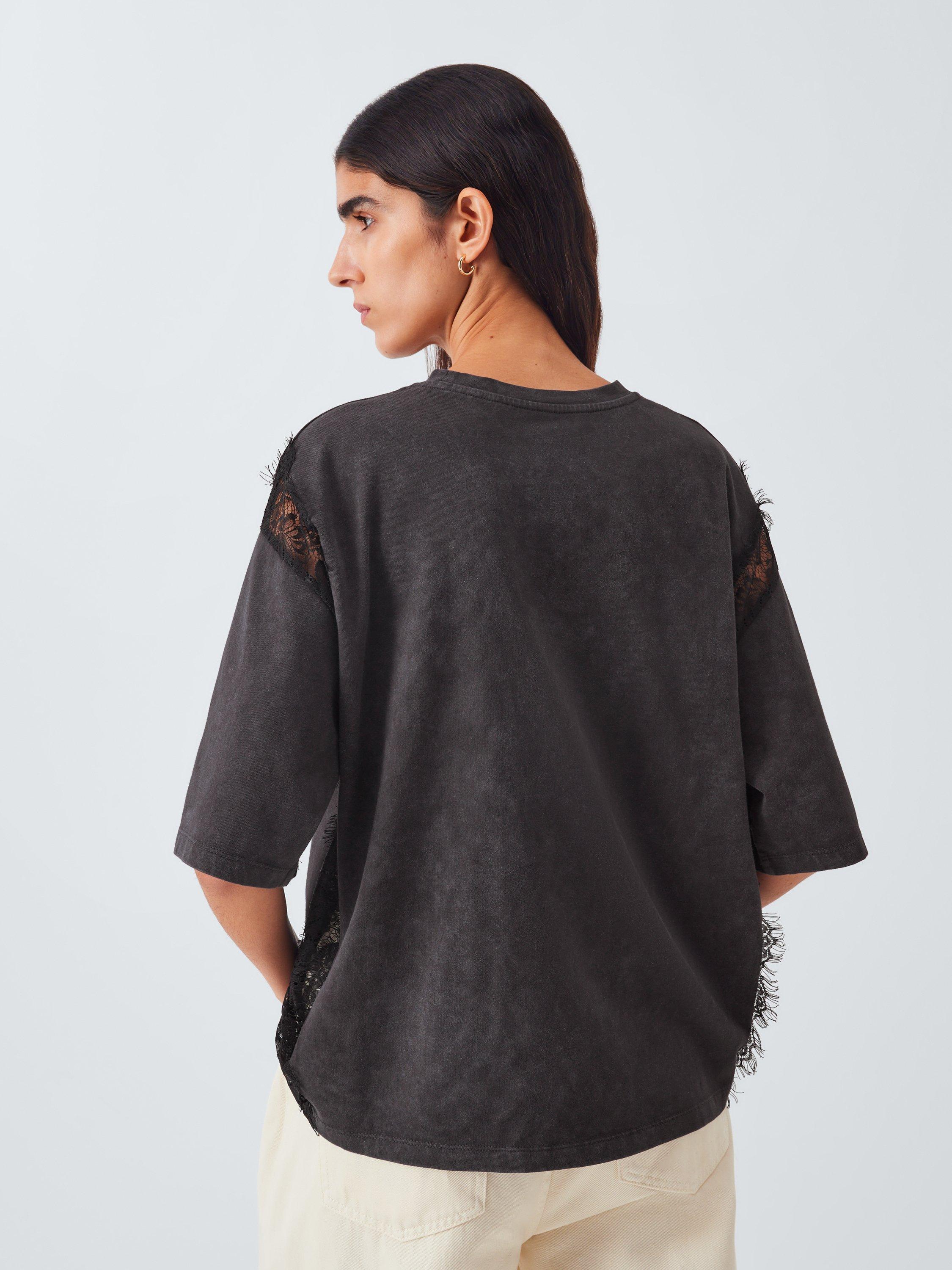 Product image 2 of 6, which shows AND/OR Crew Neck Lace Trim T-Shirt, Grey, 6