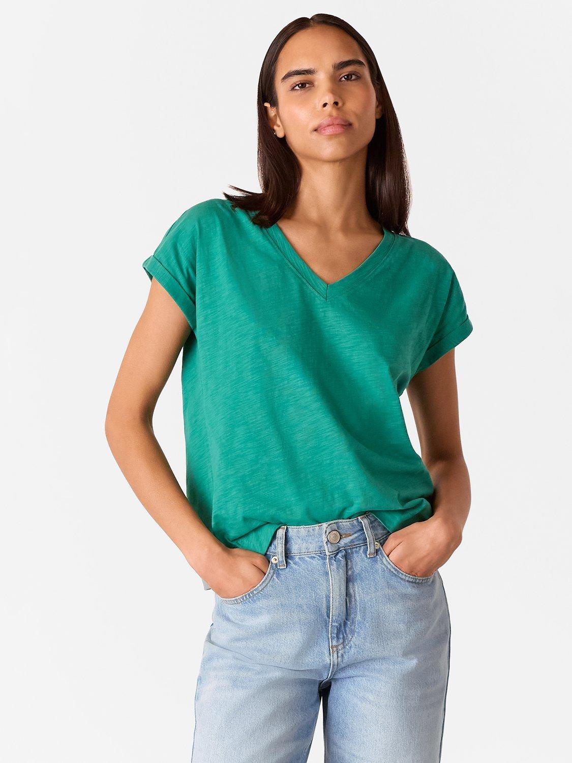 Product image 1 of 5, which shows Whistles Willa V-Neck Pure Organic Cotton T-Shirt, Mid Green, XS