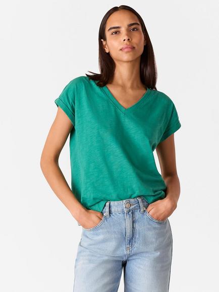 Whistles Willa V-Neck Pure Organic Cotton T-Shirt, Mid Green, Mid Green