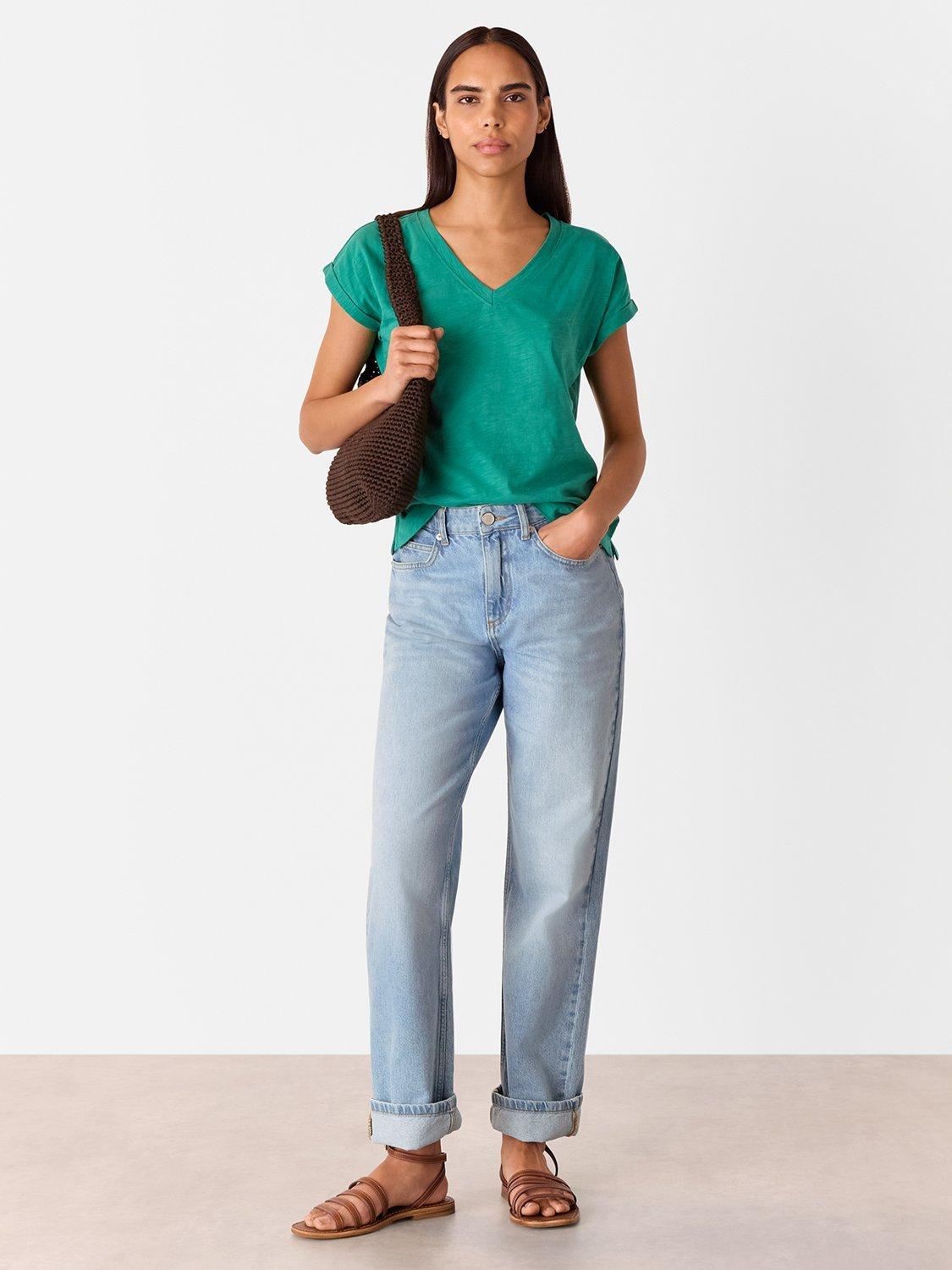 Product image 3 of 5, which shows Whistles Willa V-Neck Pure Organic Cotton T-Shirt, Mid Green, XS