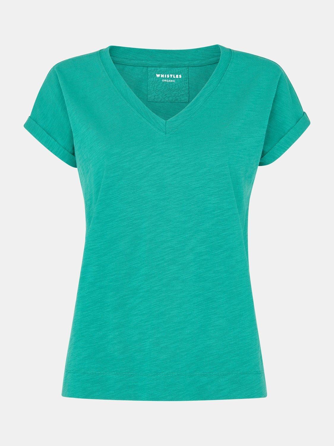 Product image 5 of 5, which shows Whistles Willa V-Neck Pure Organic Cotton T-Shirt, Mid Green, XS