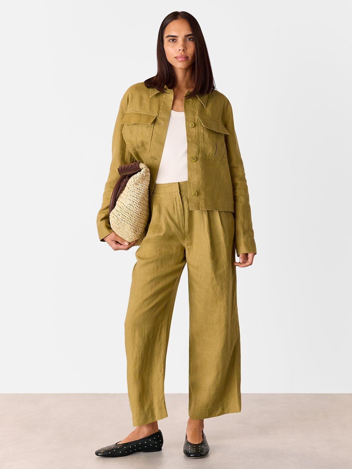 Product image 3 of 5, which shows Whistles Millie Linen Wide Leg Trousers, Olive, 6