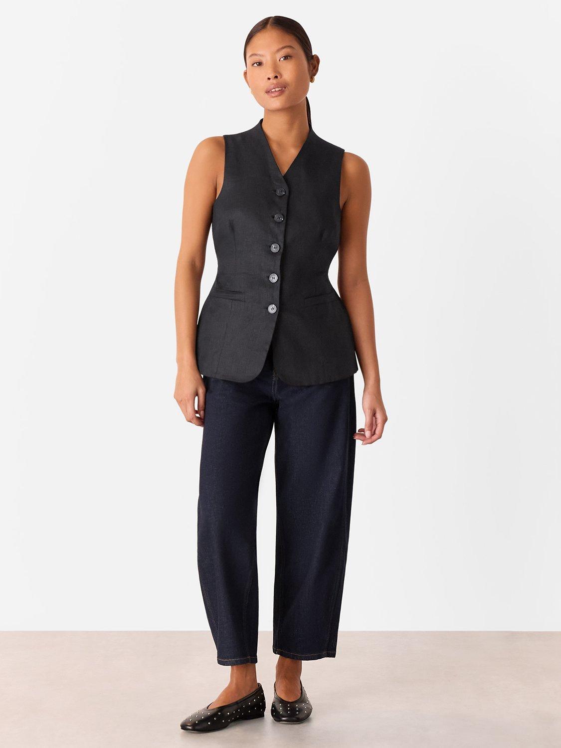 Product image 3 of 5, which shows Whistles Petite Molly Linen Waistcoat, Black, 6