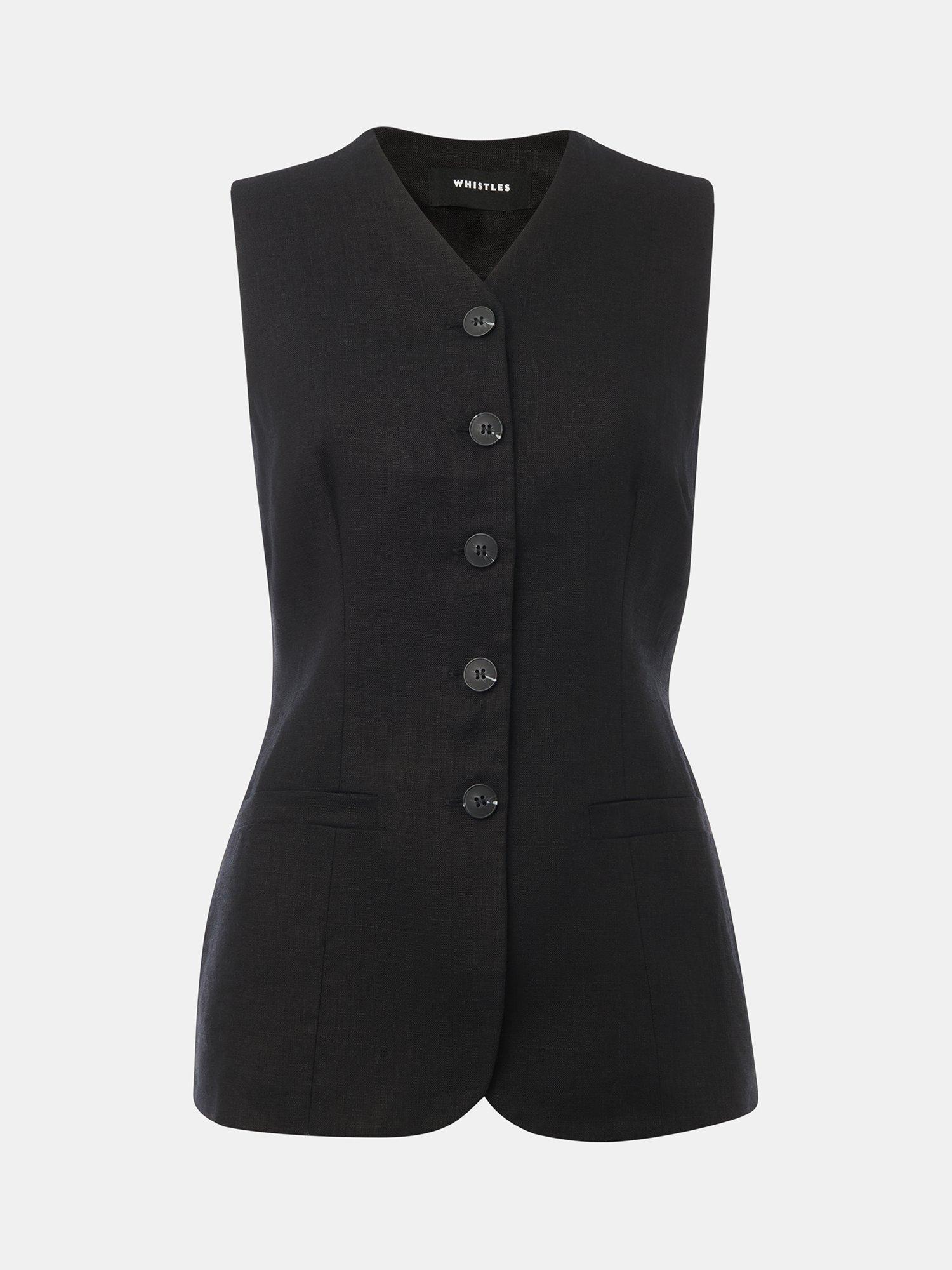 Product image 5 of 5, which shows Whistles Petite Molly Linen Waistcoat, Black, 6