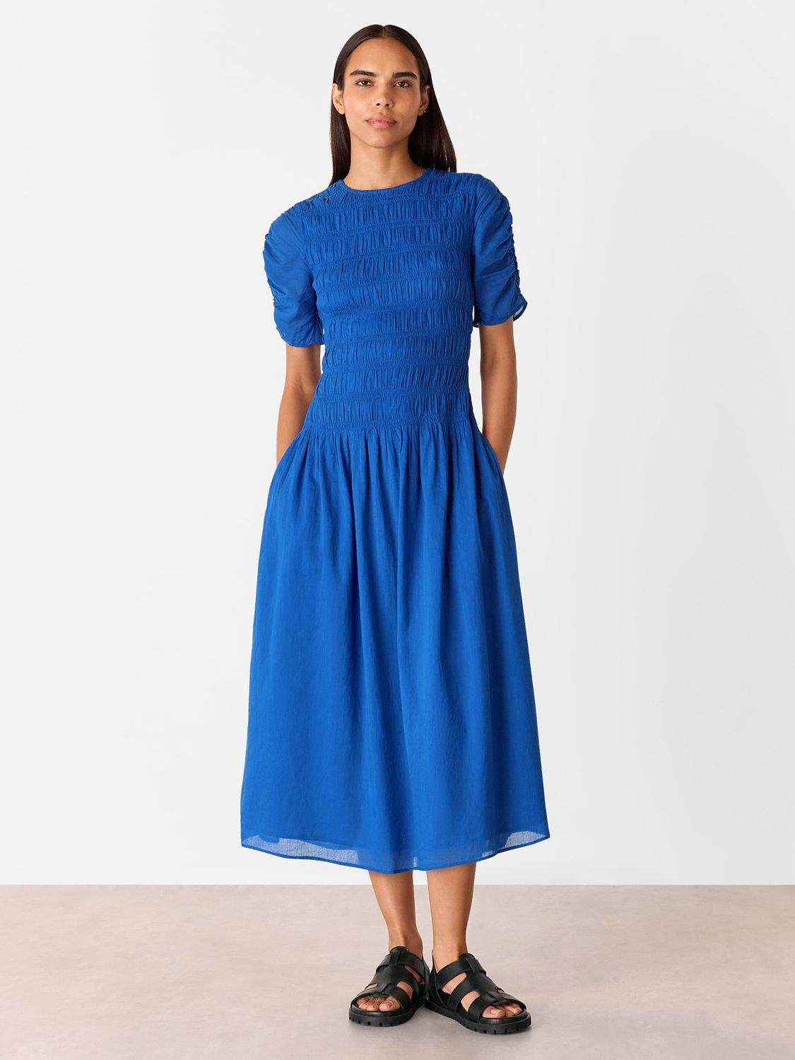 Product image 1 of 5, which shows Whistles Avery Cotton Smocked Midi Dress, Blue, 6