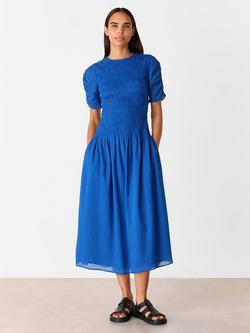 Whistles Avery Cotton Smocked Midi Dress, Blue