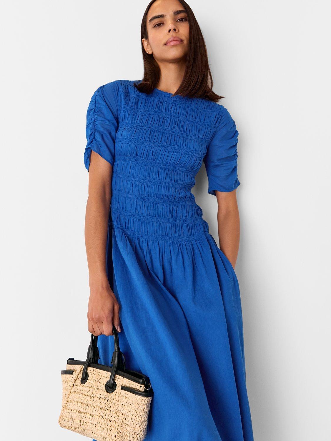 Product image 4 of 5, which shows Whistles Avery Cotton Smocked Midi Dress, Blue, 6