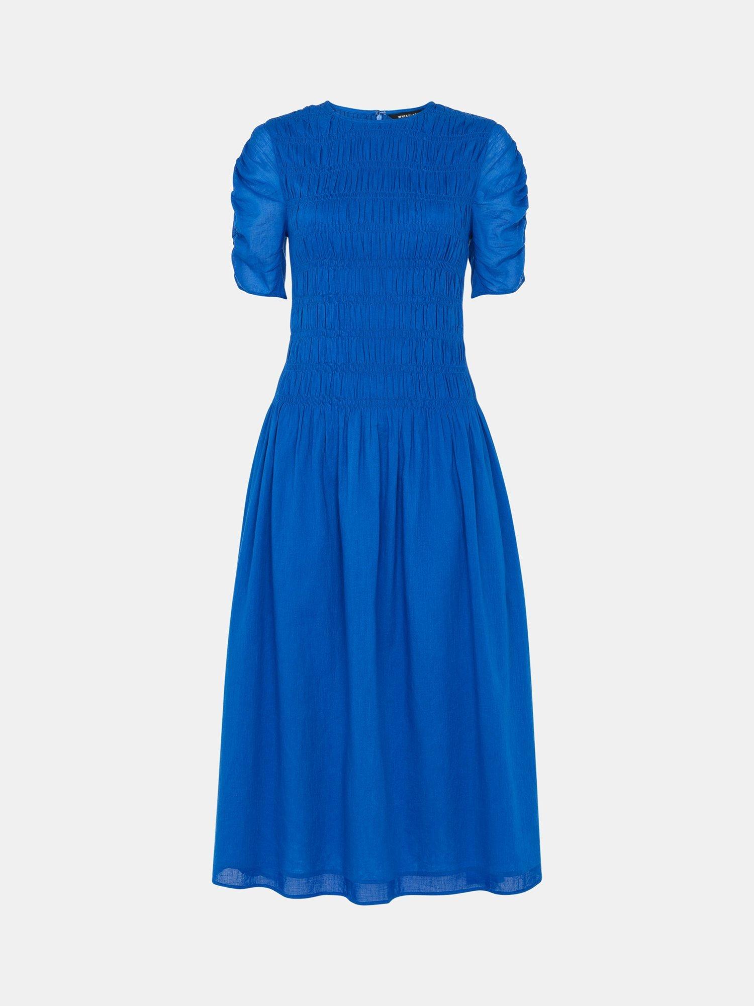Product image 5 of 5, which shows Whistles Avery Cotton Smocked Midi Dress, Blue, 6