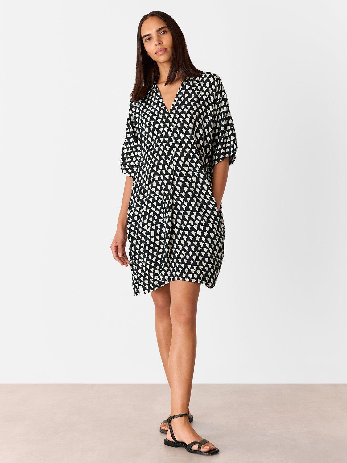 Product image 1 of 5, which shows Whistles Triangle Print Relaxed Fit Mini Dress, Black/Multi, 6