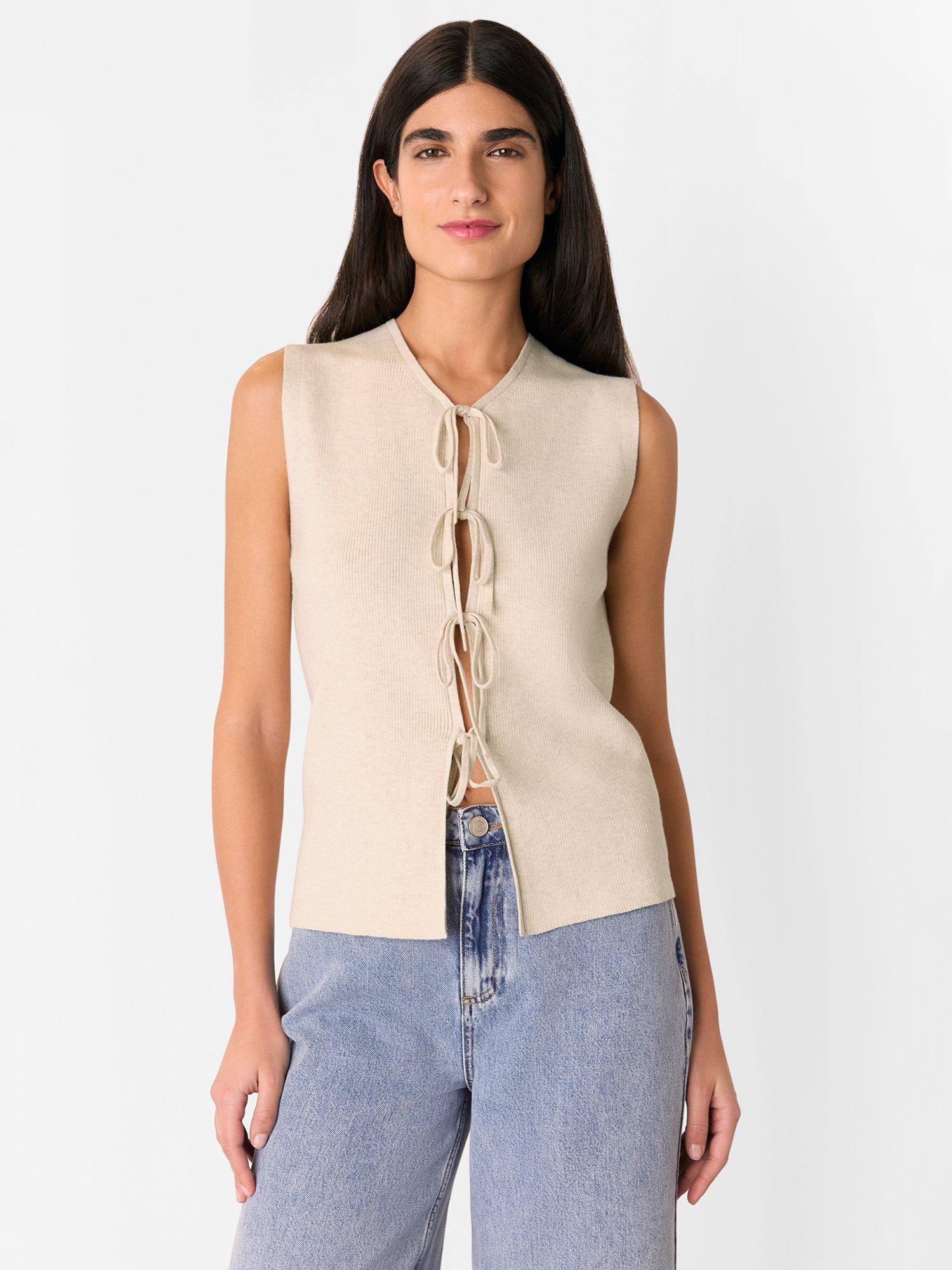 Product image 1 of 7, which shows Whistles Tie Front Detail Tank Top, Oatmeal, XS