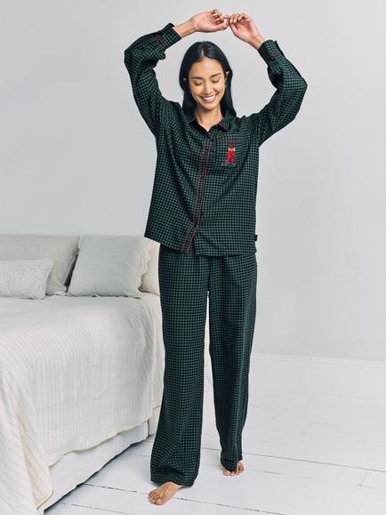 Chelsea Peers Gingham Button Through Long Pyjama Set, Green, Green