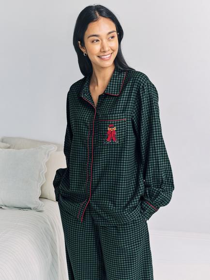 Chelsea Peers Gingham Button Through Long Pyjama Set, Green - view 2, Green