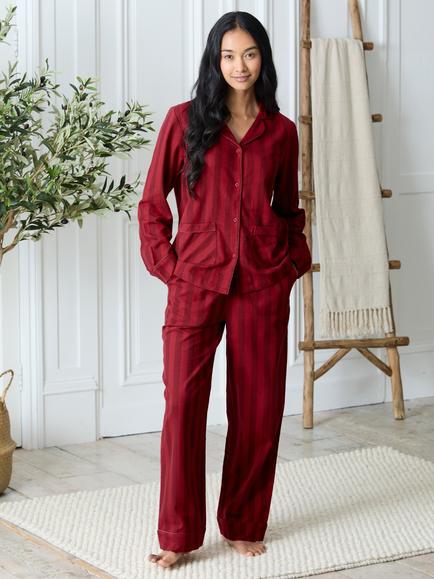 Chelsea Peers Stripe Button Through Long Pyjama Set, Red, Red