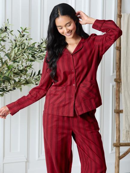 Chelsea Peers Stripe Button Through Long Pyjama Set, Red - view 2, Red