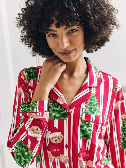 Chelsea Peers Christmas Stripe Teddy Pyjama Set, Red - view 2, Red