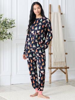 Chelsea Peers Christmas Cats Long Pyjama Set, Navy, Navy