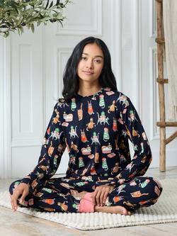 Chelsea Peers Christmas Cats Long Pyjama Set, Navy - view 2, Navy