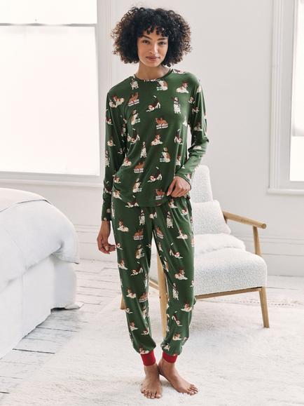 Chelsea Peers Christmas Dogs Long Pyjama Set, Khaki, Khaki