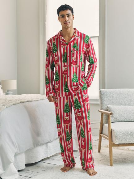 Chelsea Peers Christmas Stripe Teddy Pyjama Set, Red, Red