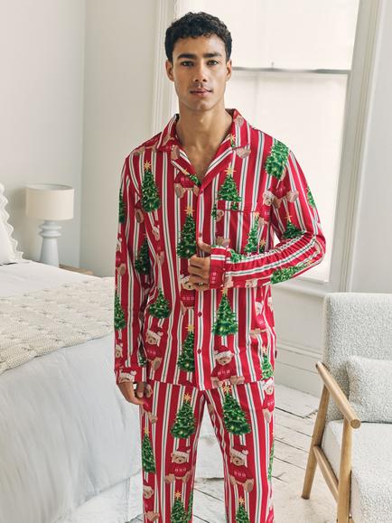 Chelsea Peers Christmas Stripe Teddy Pyjama Set, Red - view 2, Red
