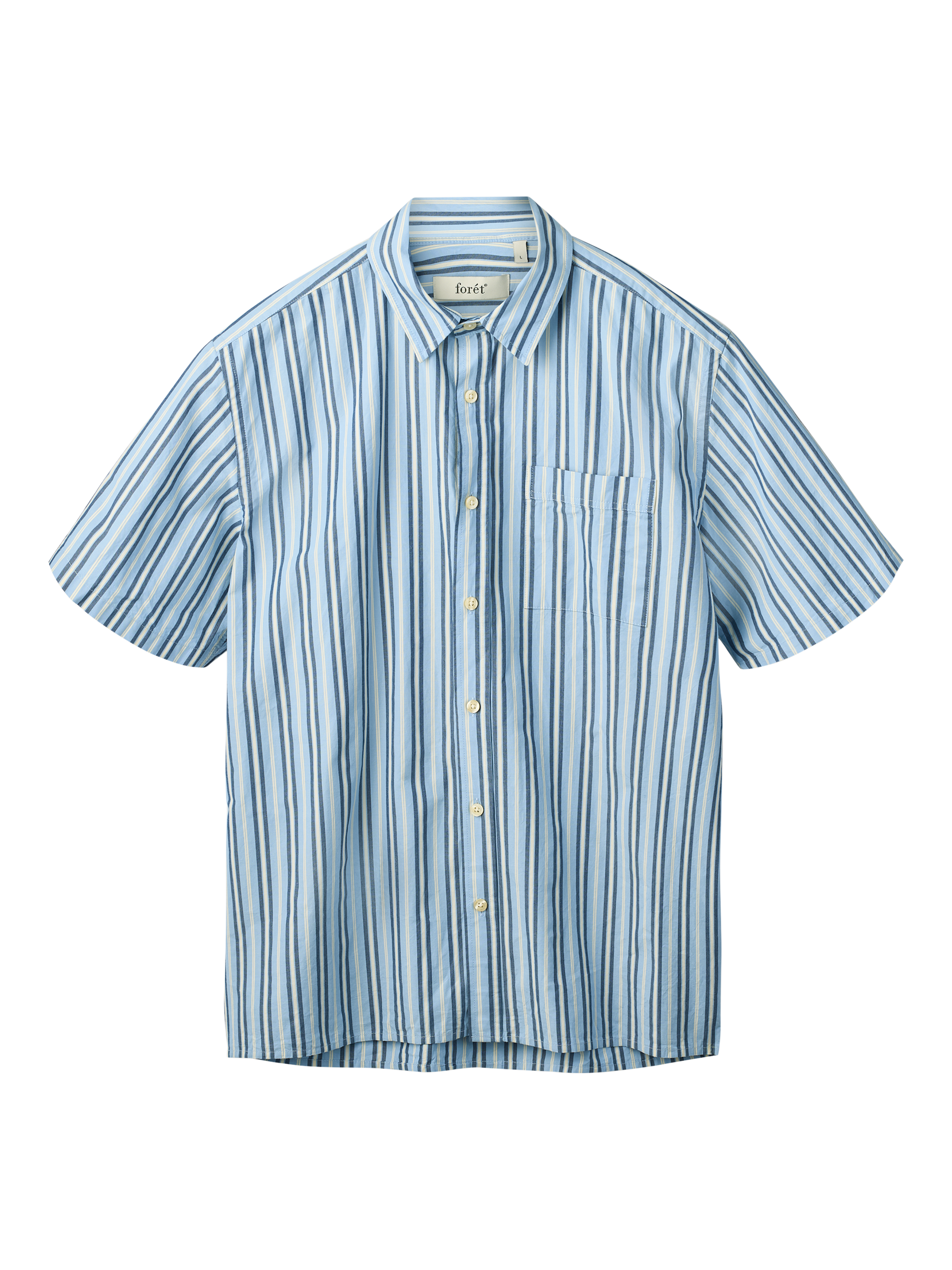 Product image 1 of 5, which shows forét Atlas Stripe Cotton Shirt, Light Blue Stripe, S