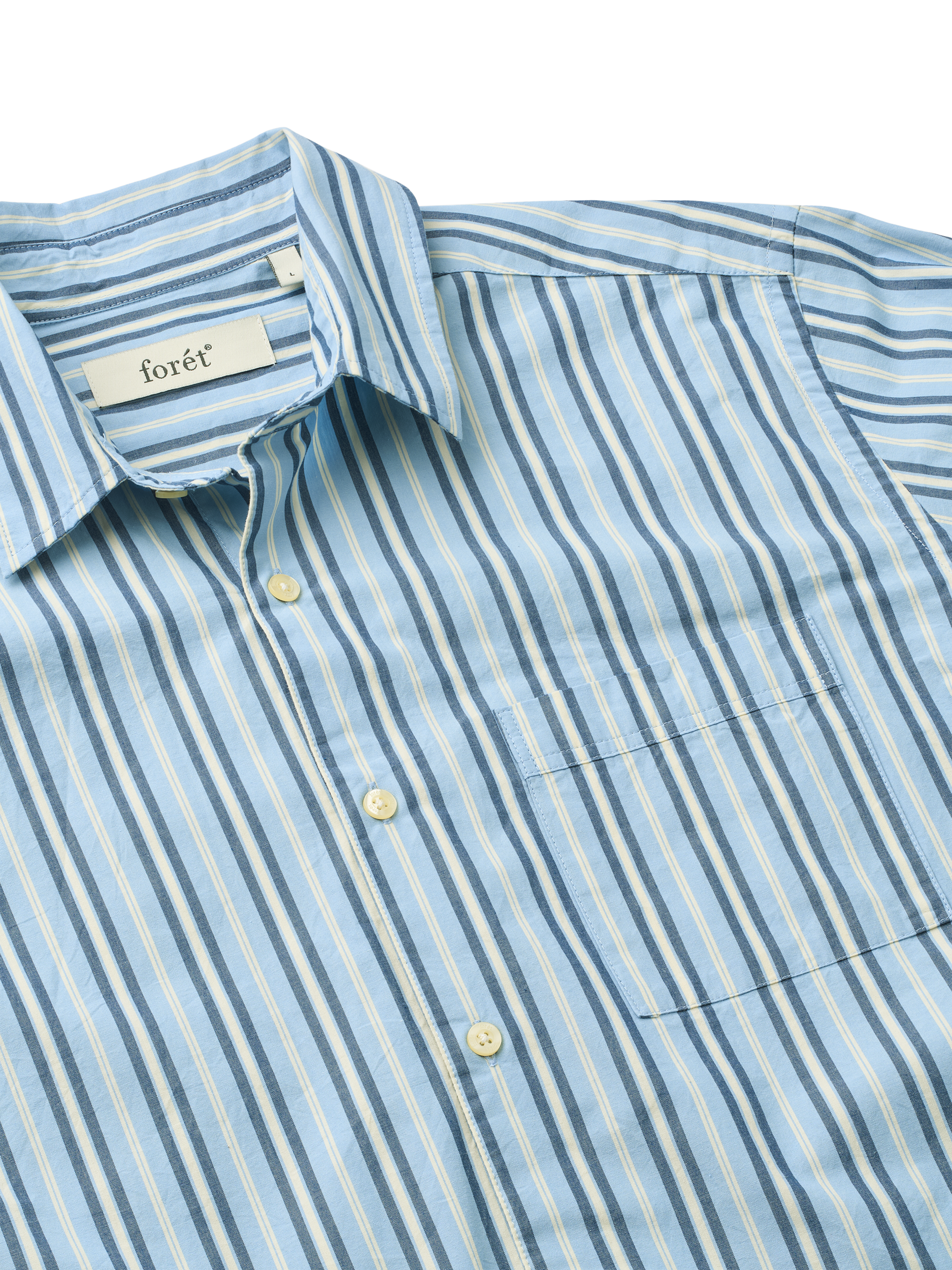 Product image 2 of 5, which shows forét Atlas Stripe Cotton Shirt, Light Blue Stripe, S