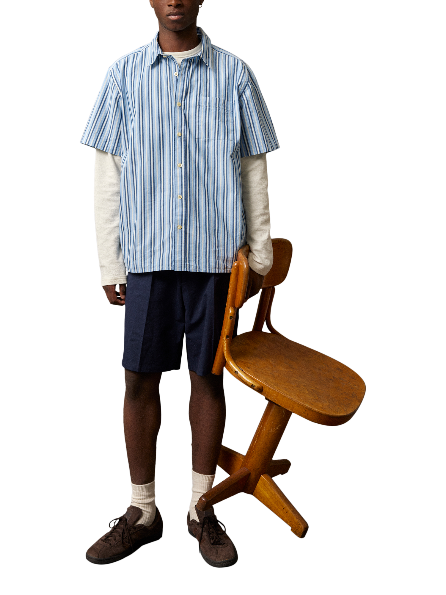 Product image 3 of 5, which shows forét Atlas Stripe Cotton Shirt, Light Blue Stripe, S