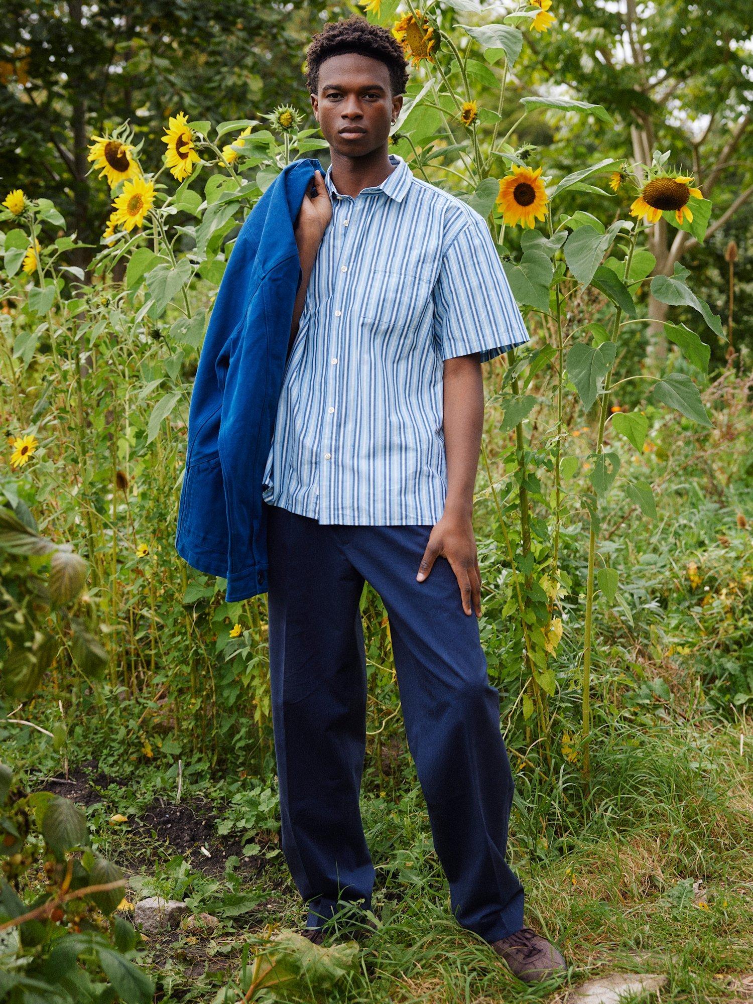 Product image 4 of 5, which shows forét Atlas Stripe Cotton Shirt, Light Blue Stripe, S