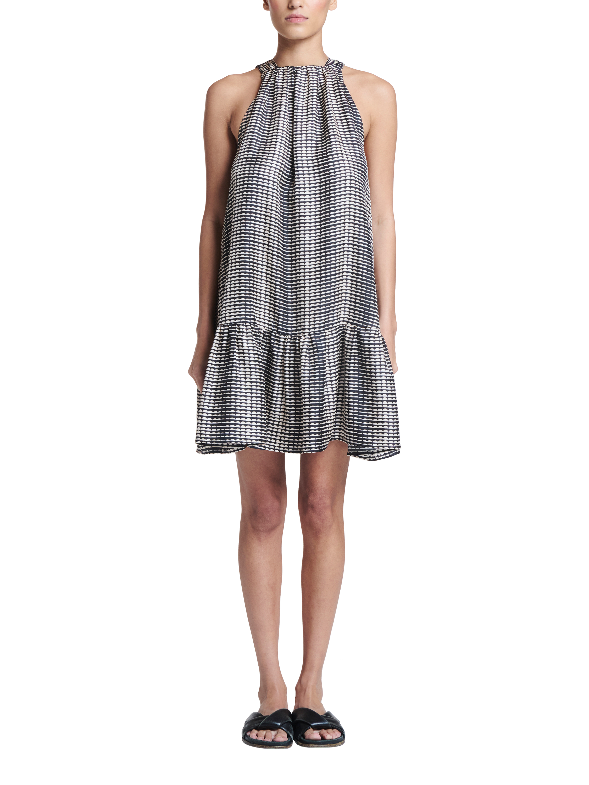 Product image 1 of 5, which shows ASCENO Adana Pure Silk Mini Dress, Black/White, XS