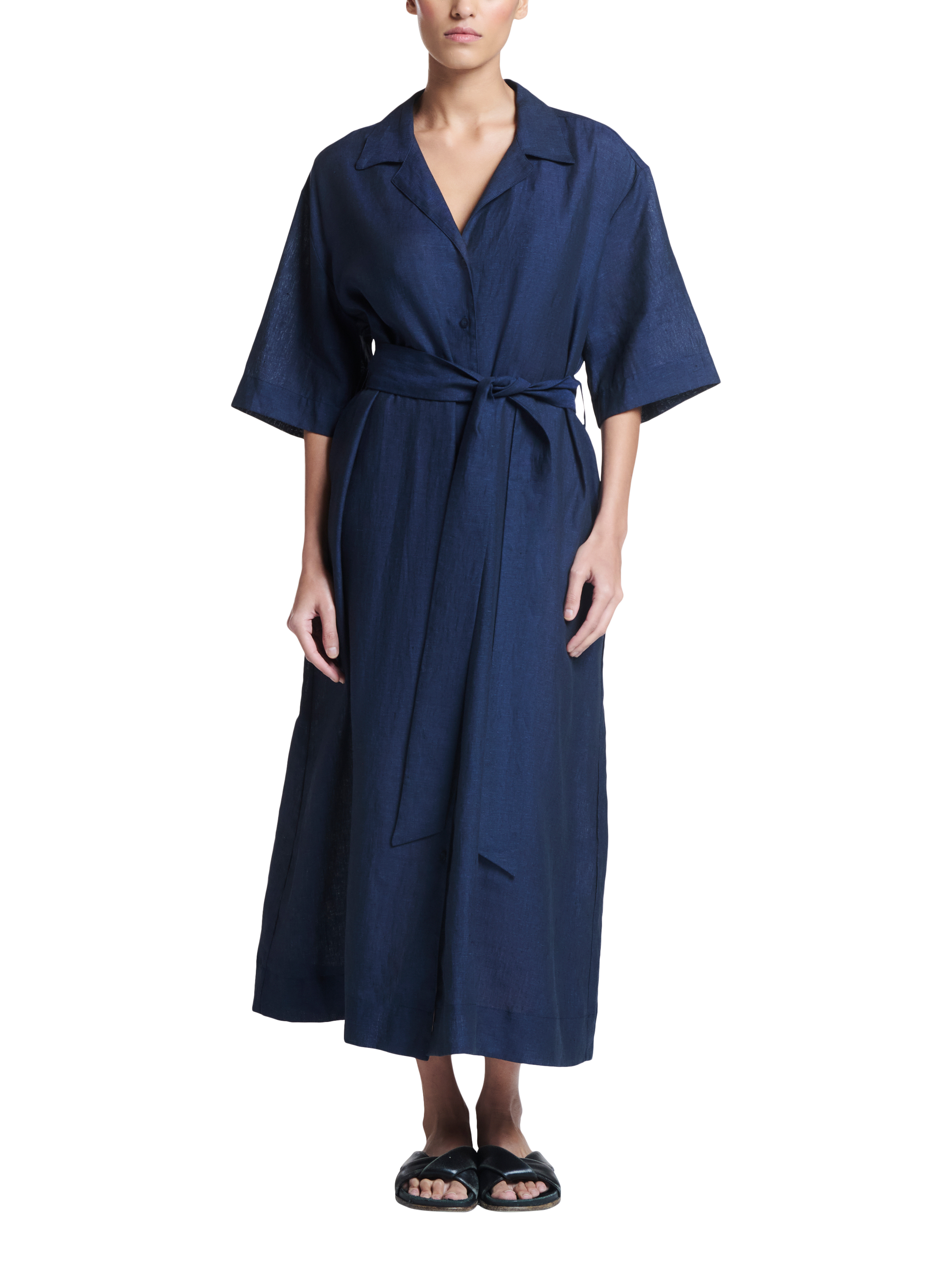 ASCENO Larnaca Pure Linen Midi Dress, Navy