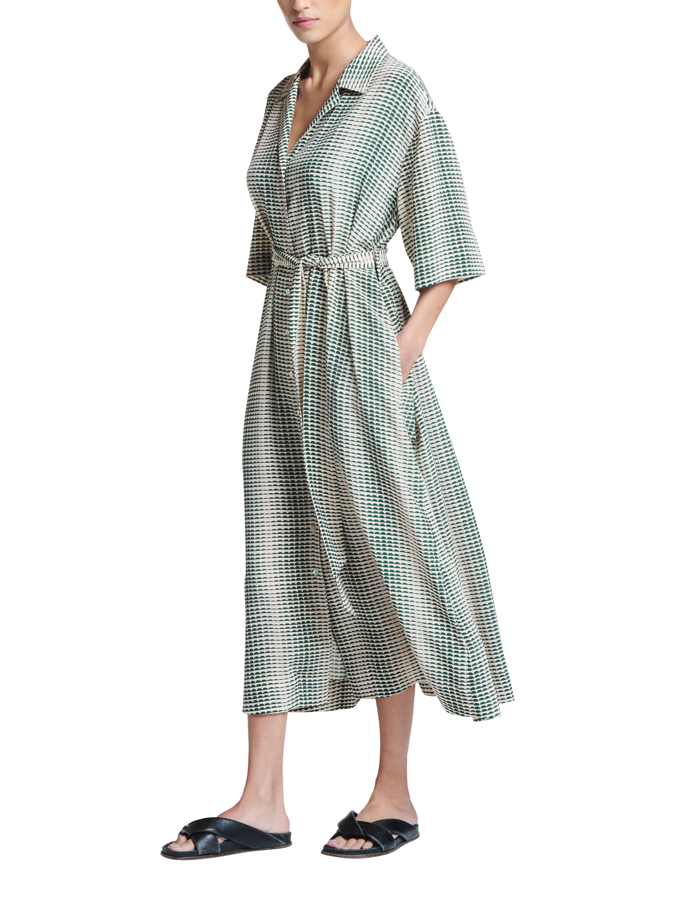 Product image 1 of 5, which shows ASCENO Larnaca Pure Silk Midi Dress, Green/White, S